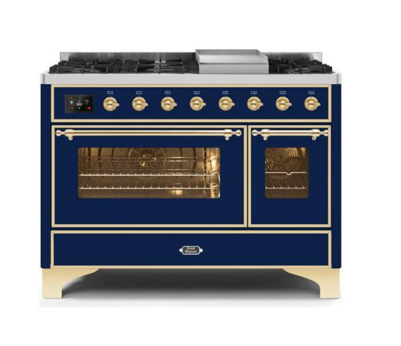 ILVE Majestic II 48" Dual Fuel Natural Gas Freestanding Range, Blue, Brass Trim UM12FDNS3MBG