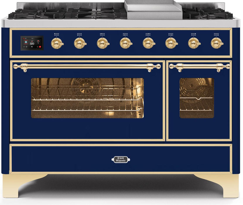 ILVE Majestic II 48" Dual Fuel Natural Gas Freestanding Range, Blue, Brass Trim UM12FDNS3MBG
