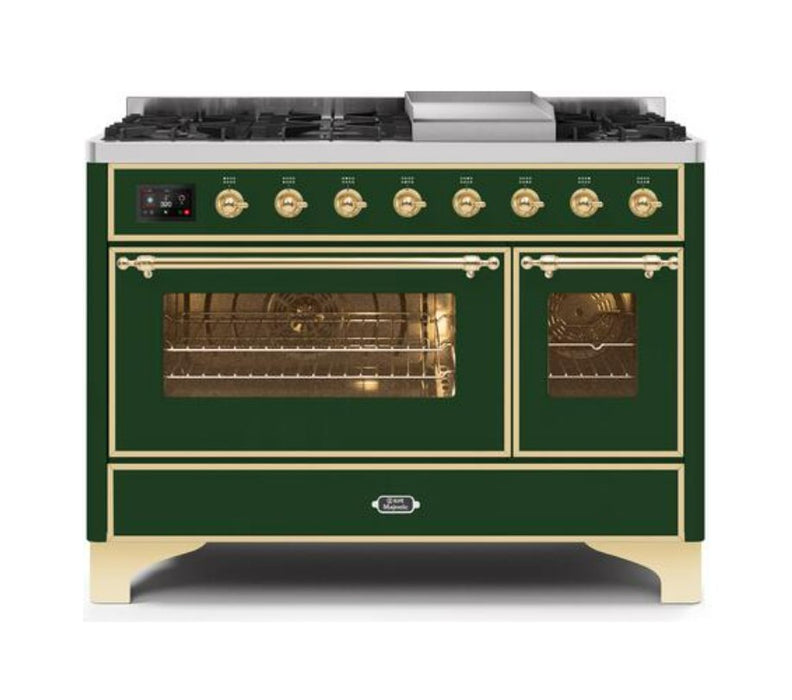 ILVE Majestic II 48" Dual Fuel Natural Gas Freestanding Range, Emerald Green, Brass Trim ‎UM12FDNS3EGG