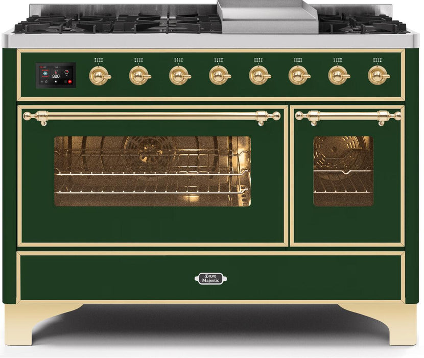 ILVE Majestic II 48" Dual Fuel Natural Gas Freestanding Range, Emerald Green, Brass Trim ‎UM12FDNS3EGG