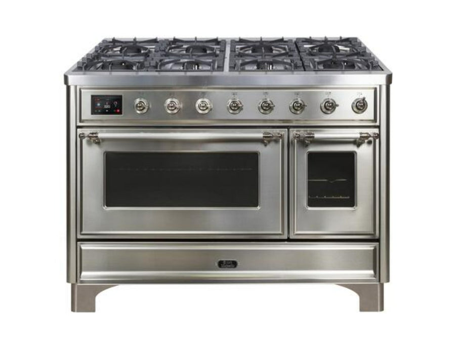 ILVE Majestic II 48" Dual Fuel Natural Gas Freestanding Range, Stainless Steel, Chrome Trim UM12FDNS3SSC