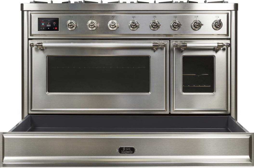 ILVE Majestic II 48" Dual Fuel Natural Gas Freestanding Range, Stainless Steel, Chrome Trim UM12FDNS3SSC