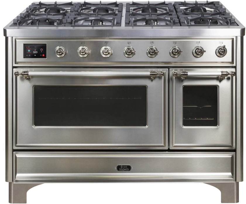 ILVE Majestic II 48" Dual Fuel Natural Gas Freestanding Range, Stainless Steel, Chrome Trim UM12FDNS3SSC