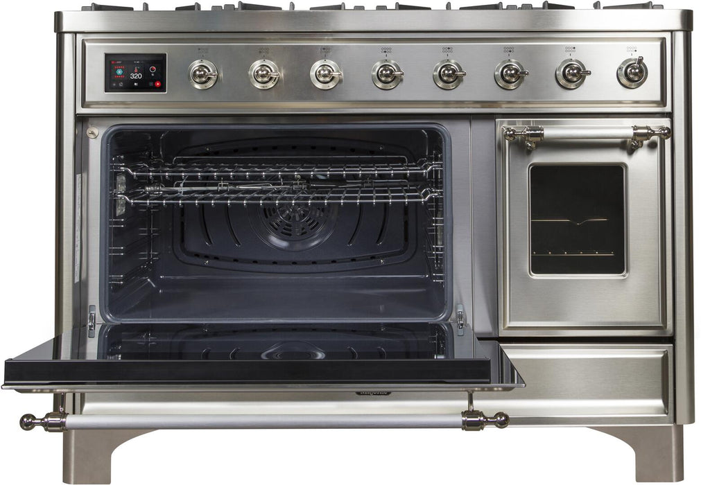 ILVE Majestic II 48" Dual Fuel Natural Gas Freestanding Range, Stainless Steel, Chrome Trim UM12FDNS3SSC