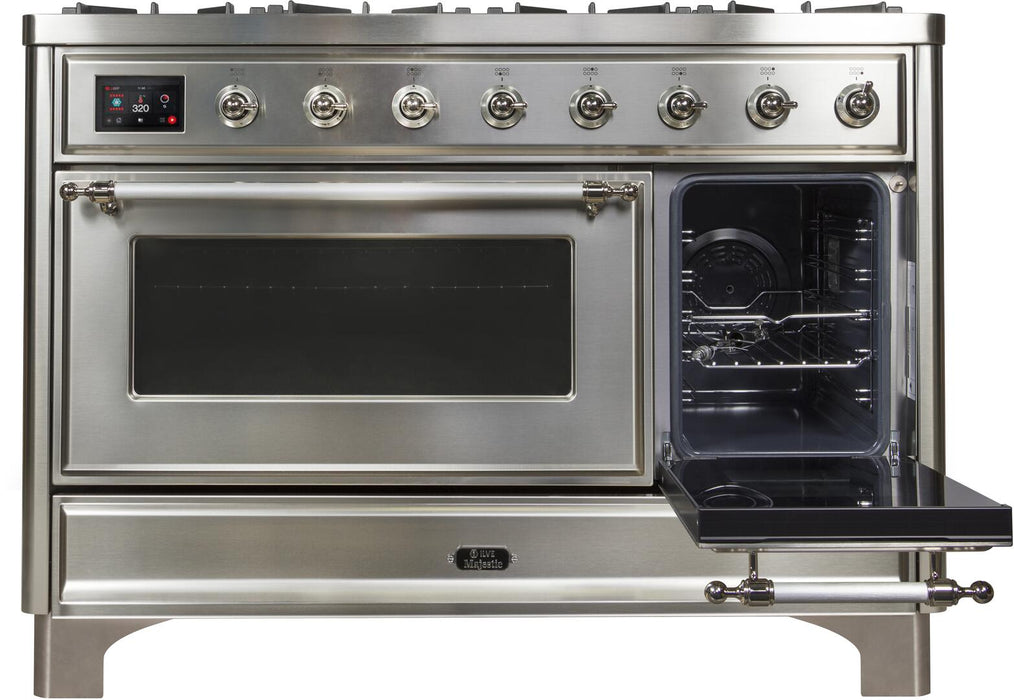 ILVE Majestic II 48" Dual Fuel Natural Gas Freestanding Range, Stainless Steel, Chrome Trim UM12FDNS3SSC
