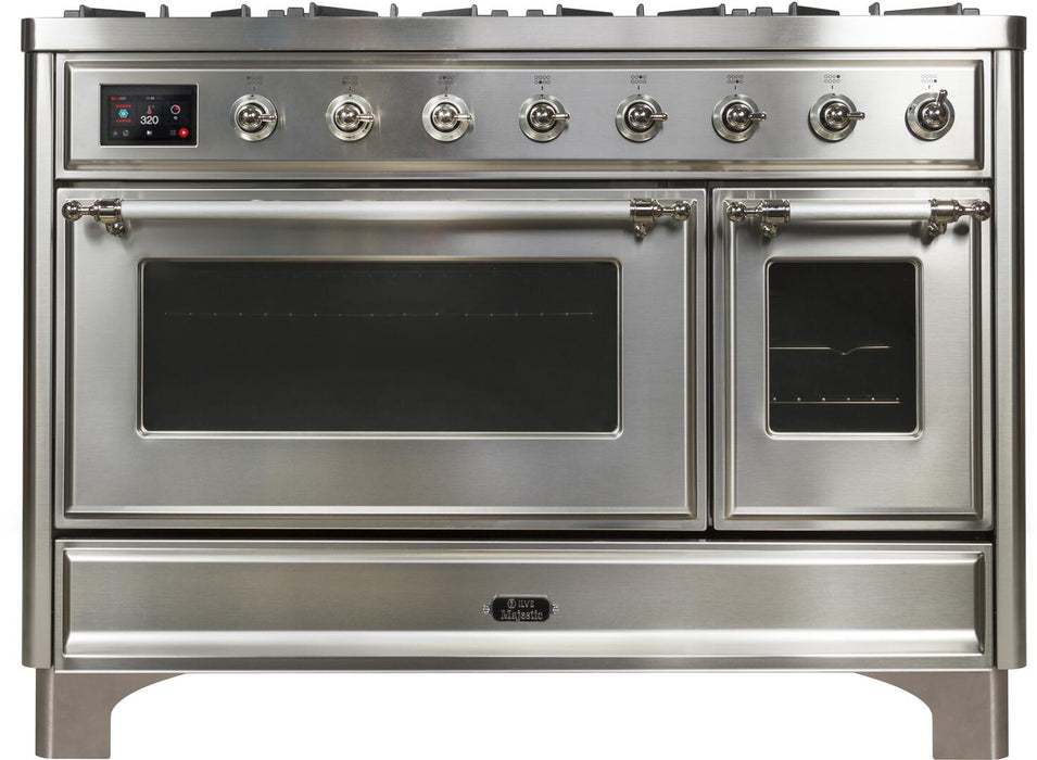 ILVE Majestic II 48" Dual Fuel Natural Gas Freestanding Range, Stainless Steel, Chrome Trim UM12FDNS3SSC