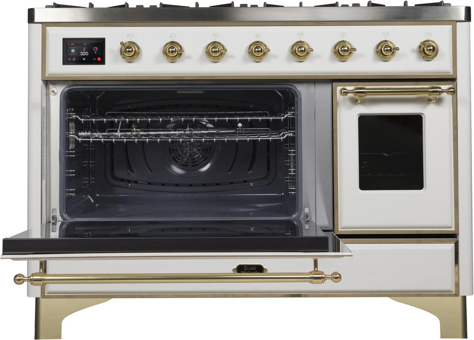 ILVE Majestic II 48" Dual Fuel Natural Gas Freestanding Range, White, Brass Trim UM12FDNS3WHG