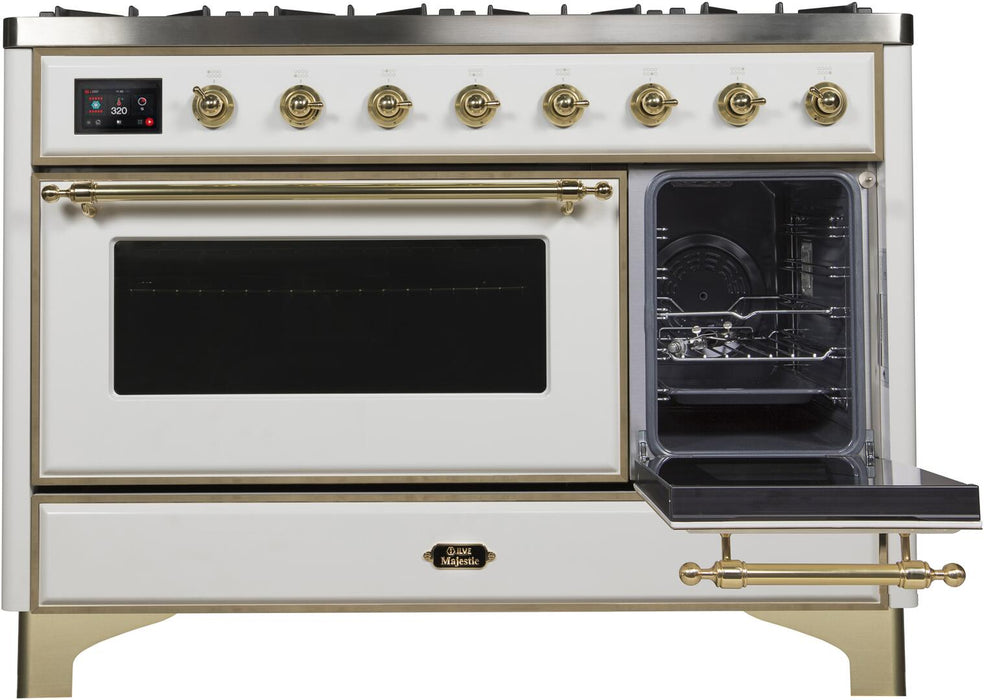 ILVE Majestic II 48" Dual Fuel Natural Gas Freestanding Range, White, Brass Trim UM12FDNS3WHG