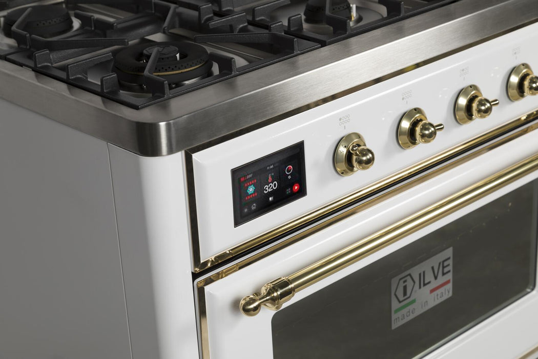 ILVE Majestic II 48" Dual Fuel Natural Gas Freestanding Range, White, Brass Trim UM12FDNS3WHG