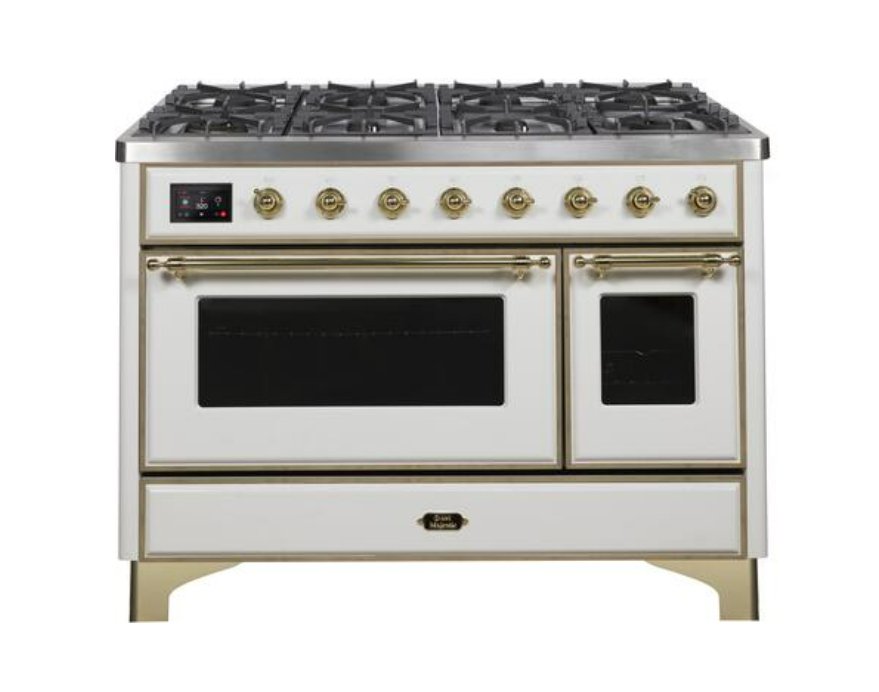 ILVE Majestic II 48" Dual Fuel Natural Gas Freestanding Range, White, Brass Trim UM12FDNS3WHG