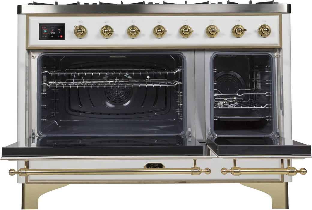 ILVE Majestic II 48" Dual Fuel Natural Gas Freestanding Range, White, Brass Trim UM12FDNS3WHG