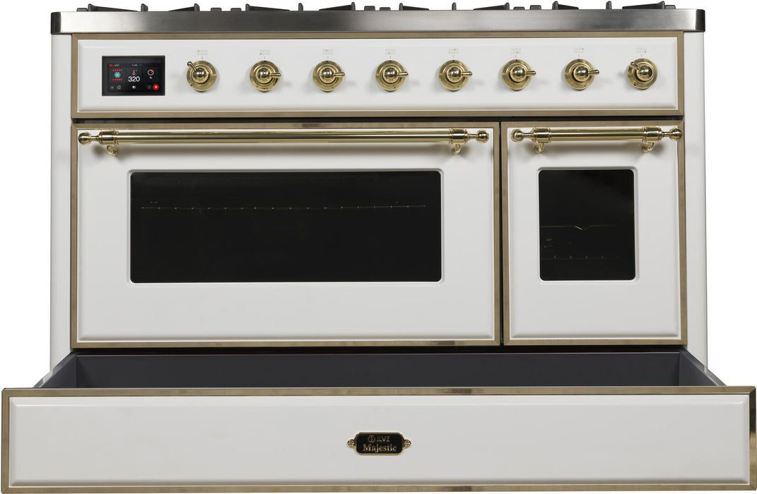 ILVE Majestic II 48" Dual Fuel Natural Gas Freestanding Range, White, Brass Trim UM12FDNS3WHG