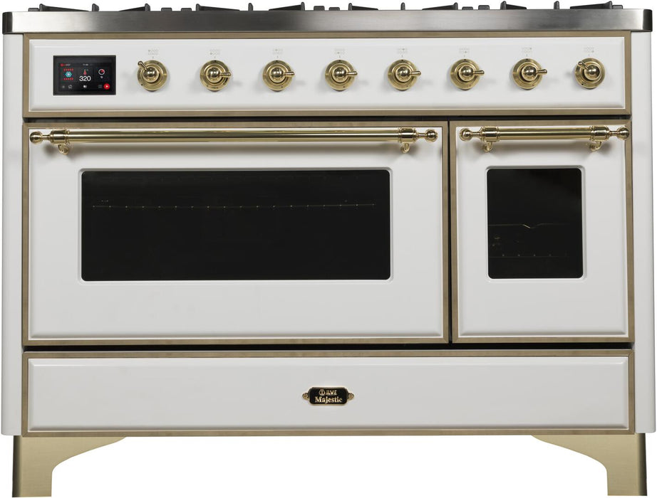 ILVE Majestic II 48" Dual Fuel Natural Gas Freestanding Range, White, Brass Trim UM12FDNS3WHG