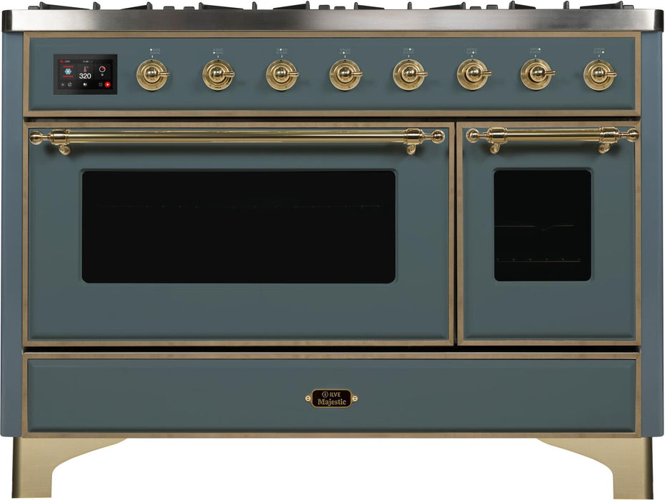 Ilve Majestic II 48 Inch Dual Fuel Liquid Propane Freestanding Range in Blue Grey with Brass Trim, UM12FDNS3BGGLP