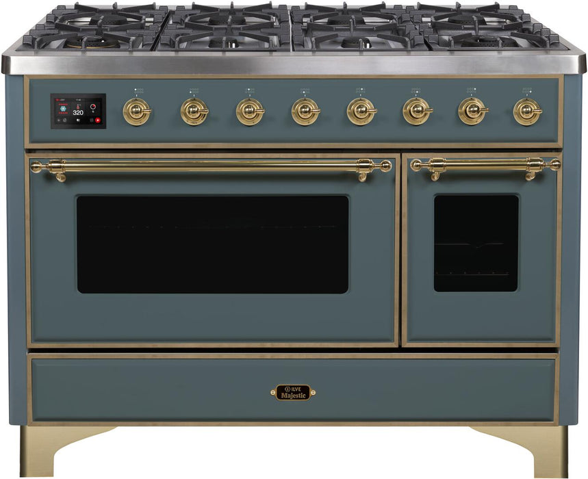Ilve Majestic II 48 Inch Dual Fuel Liquid Propane Freestanding Range in Blue Grey with Brass Trim, UM12FDNS3BGGLP