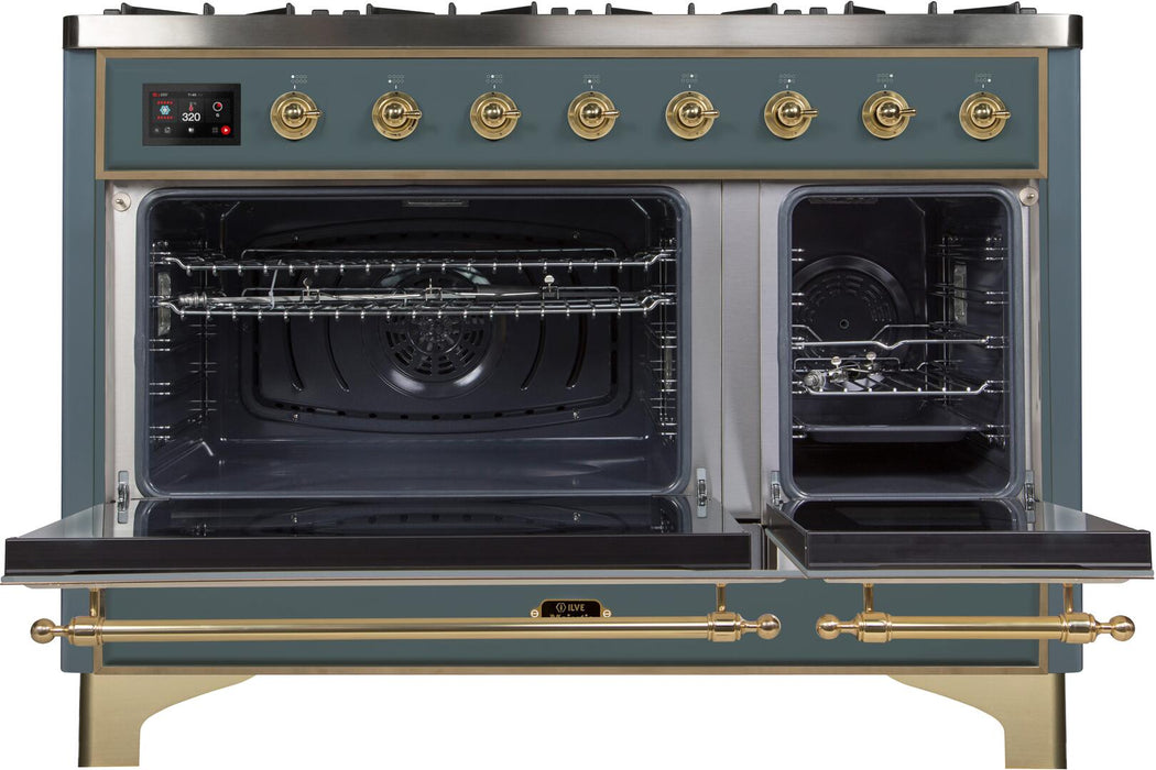Ilve Majestic II 48 Inch Dual Fuel Liquid Propane Freestanding Range in Blue Grey with Brass Trim, UM12FDNS3BGGLP