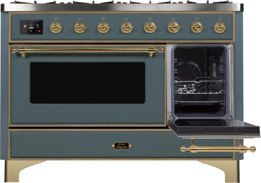 Ilve Majestic II 48 Inch Dual Fuel Natural Gas Freestanding Range in Blue Grey with Brass Trim, UM12FDNS3BGG