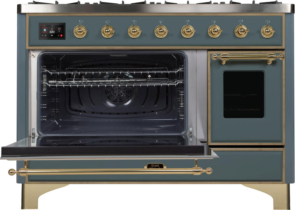 Ilve Majestic II 48 Inch Dual Fuel Natural Gas Freestanding Range in Blue Grey with Brass Trim, UM12FDNS3BGG