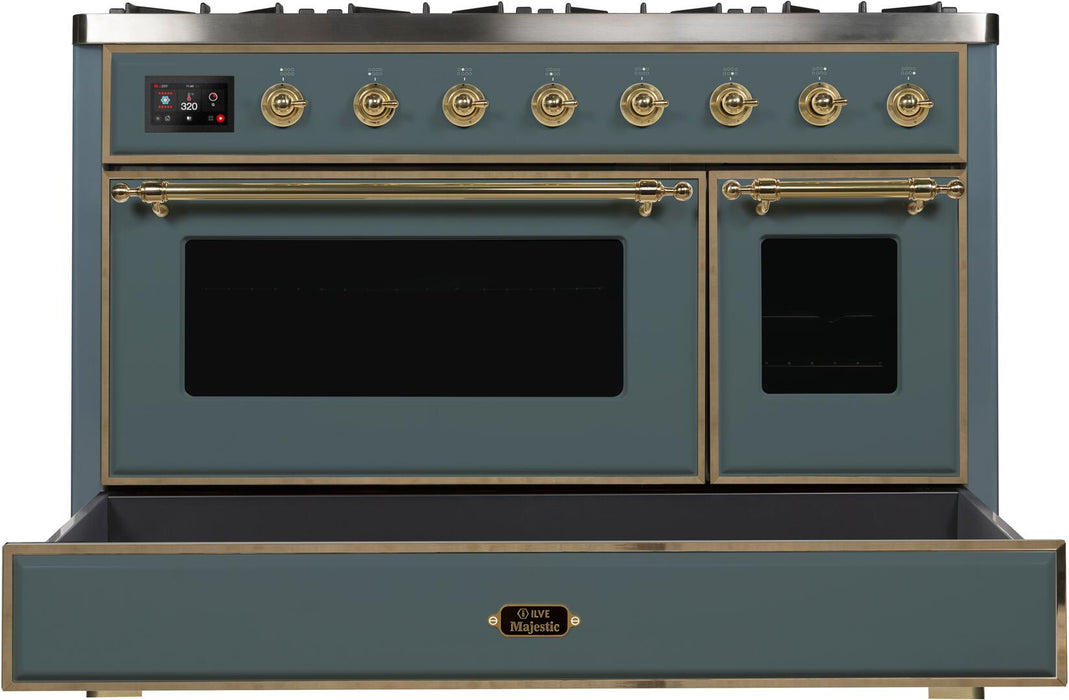 Ilve Majestic II 48 Inch Dual Fuel Natural Gas Freestanding Range in Blue Grey with Brass Trim, UM12FDNS3BGG