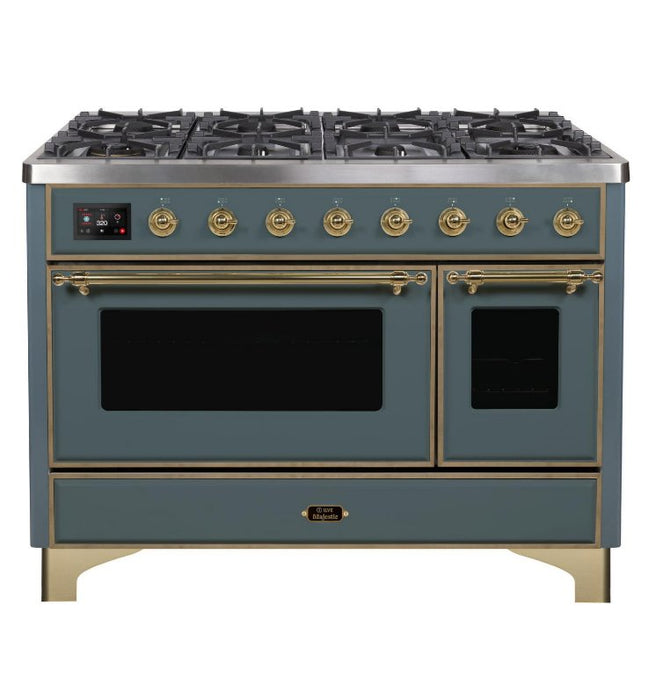Ilve Majestic II 48 Inch Dual Fuel Natural Gas Freestanding Range in Blue Grey with Brass Trim, UM12FDNS3BGG