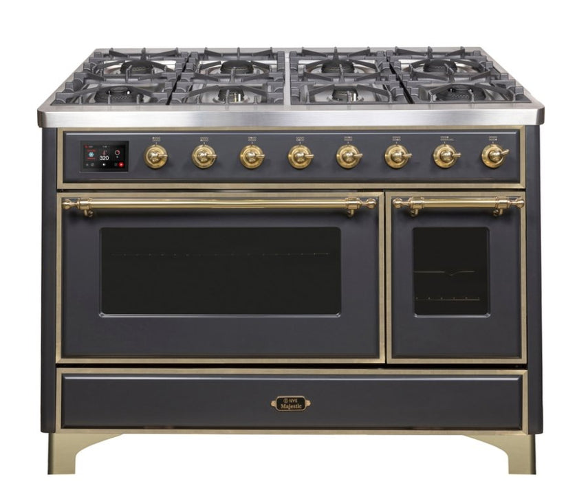 Ilve Majestic II 48 Inch Dual Fuel Natural Gas Freestanding Range in Matte Graphite with Brass Trim UM12FDNS3MGG