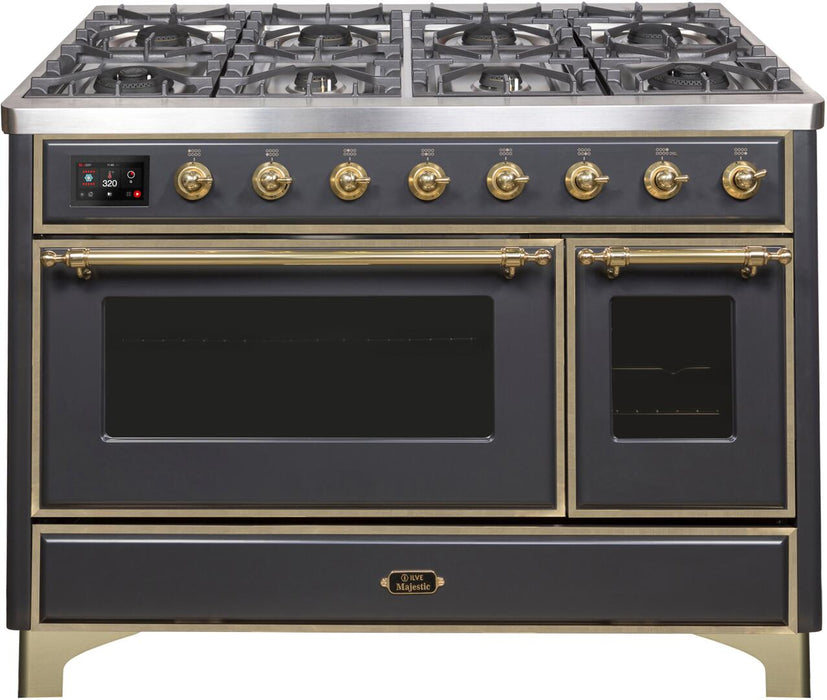 Ilve Majestic II 48 Inch Dual Fuel Natural Gas Freestanding Range in Matte Graphite with Brass Trim UM12FDNS3MGG