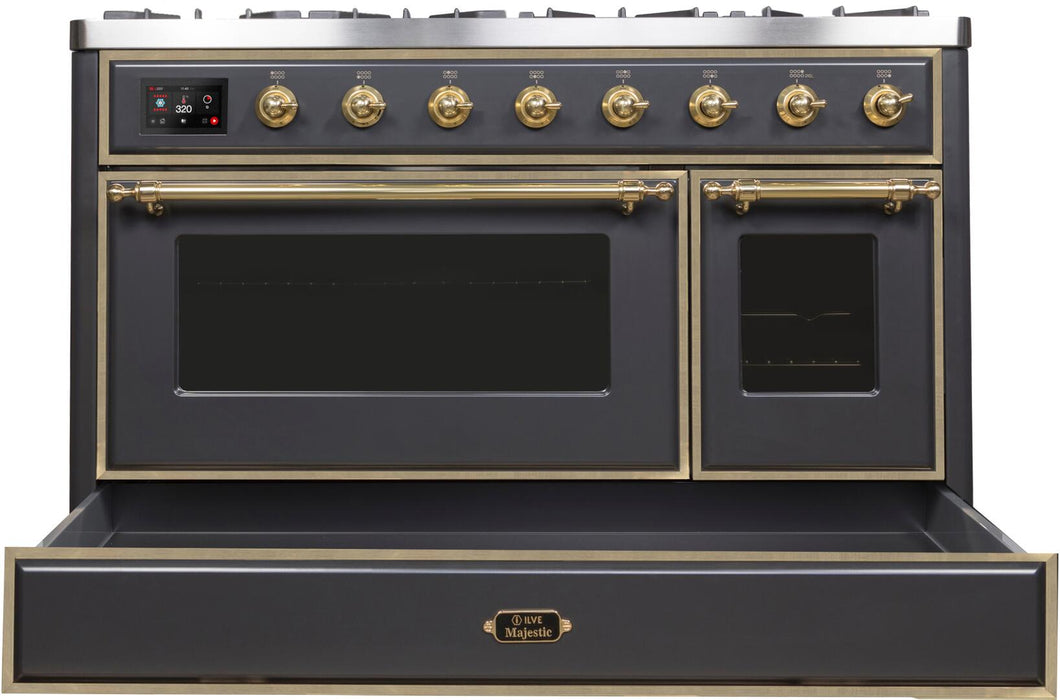 Ilve Majestic II 48 Inch Dual Fuel Natural Gas Freestanding Range in Matte Graphite with Brass Trim UM12FDNS3MGG