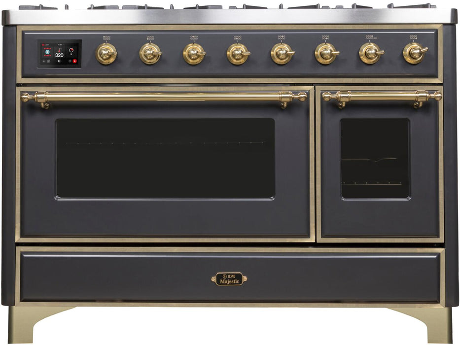 Ilve Majestic II 48 Inch Dual Fuel Natural Gas Freestanding Range in Matte Graphite with Brass Trim UM12FDNS3MGG