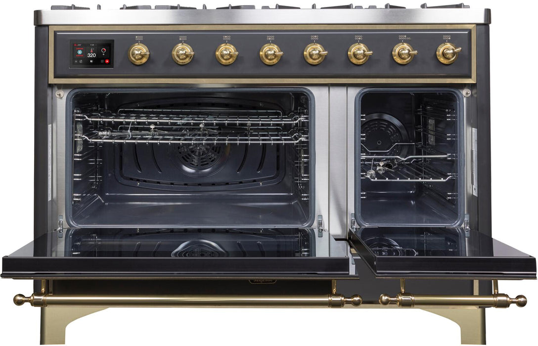 Ilve Majestic II 48 Inch Dual Fuel Natural Gas Freestanding Range in Matte Graphite with Brass Trim UM12FDNS3MGG