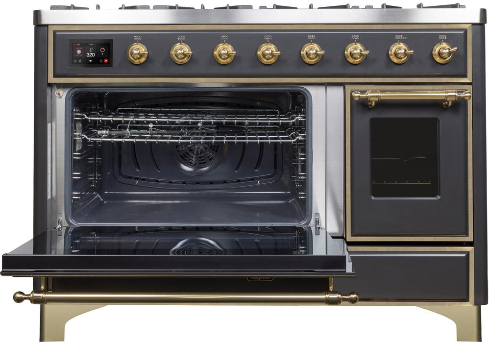 Ilve Majestic II 48 Inch Dual Fuel Natural Gas Freestanding Range in Matte Graphite with Brass Trim UM12FDNS3MGG
