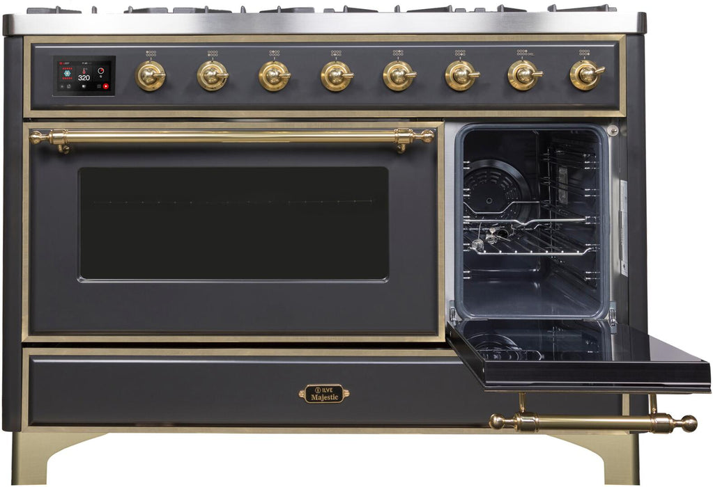 Ilve Majestic II 48 Inch Dual Fuel Natural Gas Freestanding Range in Matte Graphite with Brass Trim UM12FDNS3MGG
