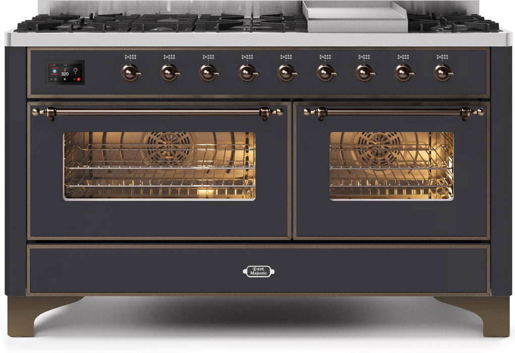 ILVE Majestic II 60" Dual Fuel Natural Gas Freestanding Range, Matte Graphite, Bronze Trim UM15FDNS3MGB