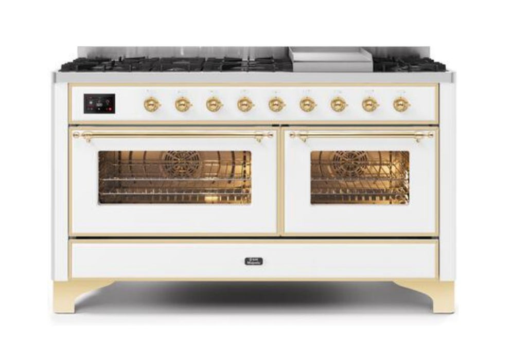 ILVE Majestic II 60" Dual Fuel Liquid Propane Freestanding Range, White, Brass Trim UM15FDNS3WHGLP