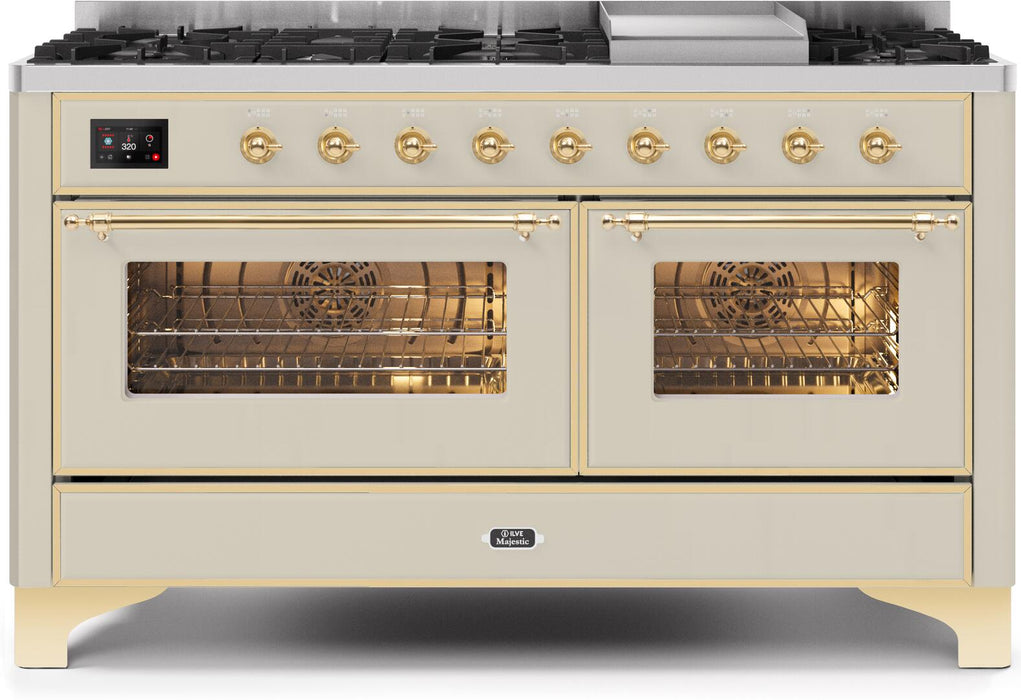 ILVE Majestic II 60" Dual Fuel Natural Gas Freestanding Range, Antique White, Brass Trim UM15FDNS3AWG