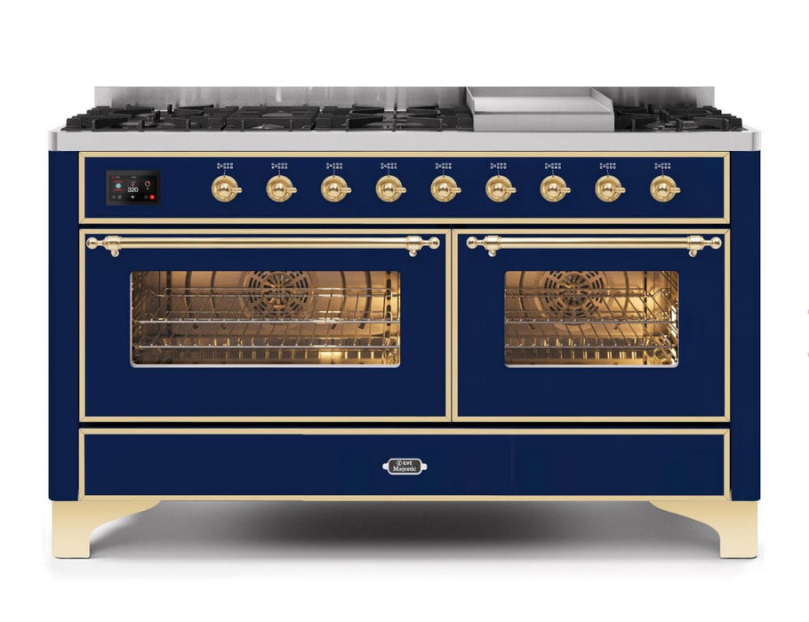 ILVE Majestic II 60" Dual Fuel Natural Gas Freestanding Range, Blue, Brass Trim UM15FDNS3MBG