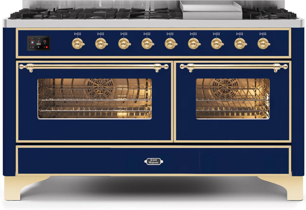 ILVE Majestic II 60" Dual Fuel Natural Gas Freestanding Range, Blue, Brass Trim UM15FDNS3MBG