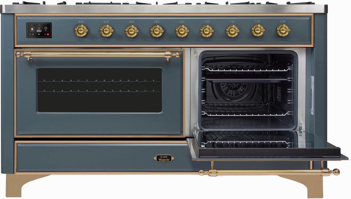 ILVE Majestic II 60" Dual Fuel Natural Gas Freestanding Range, Blue Grey, Brass Trim UM15FDNS3BGG