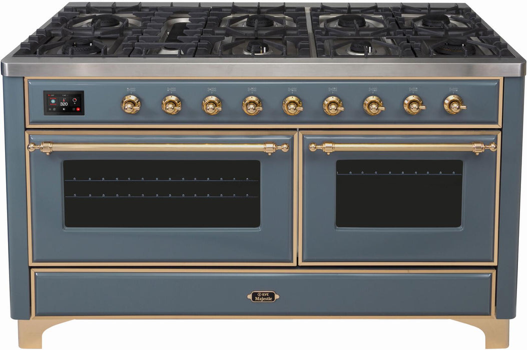 ILVE Majestic II 60" Dual Fuel Natural Gas Freestanding Range, Blue Grey, Brass Trim UM15FDNS3BGG
