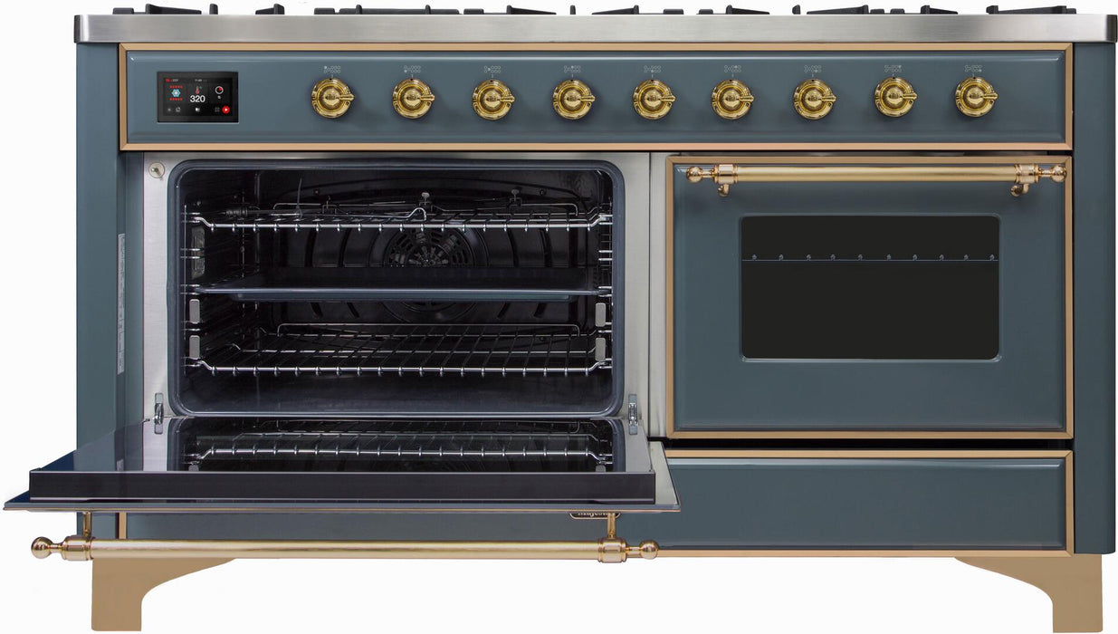 ILVE Majestic II 60" Dual Fuel Natural Gas Freestanding Range, Blue Grey, Brass Trim UM15FDNS3BGG