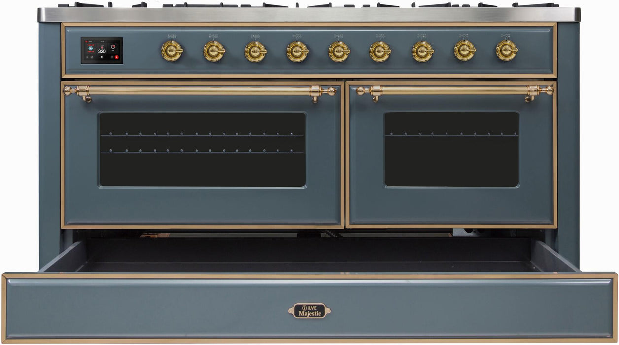 ILVE Majestic II 60" Dual Fuel Natural Gas Freestanding Range, Blue Grey, Brass Trim UM15FDNS3BGG