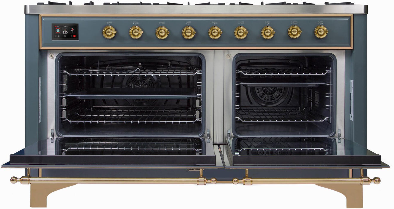 ILVE Majestic II 60" Dual Fuel Natural Gas Freestanding Range, Blue Grey, Brass Trim UM15FDNS3BGG