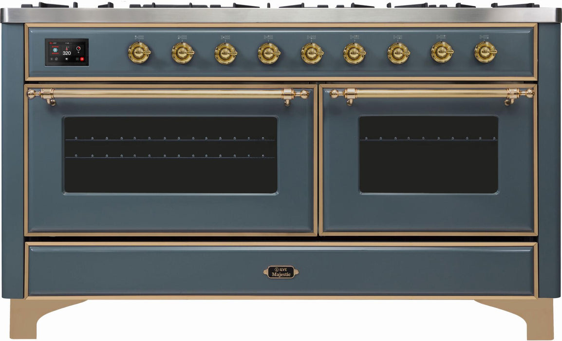 ILVE Majestic II 60" Dual Fuel Natural Gas Freestanding Range, Blue Grey, Brass Trim UM15FDNS3BGG