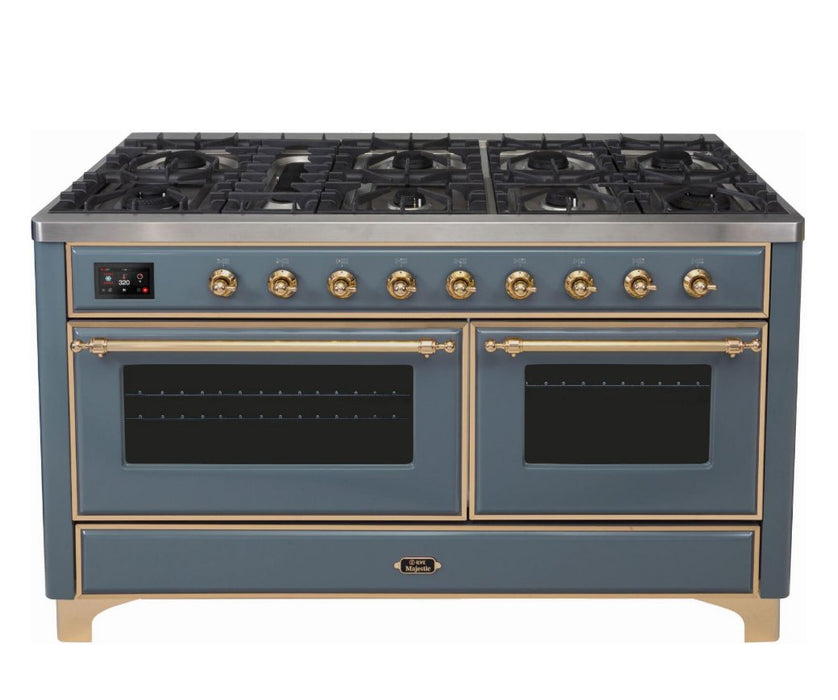 ILVE Majestic II 60" Dual Fuel Natural Gas Freestanding Range, Blue Grey, Brass Trim UM15FDNS3BGG