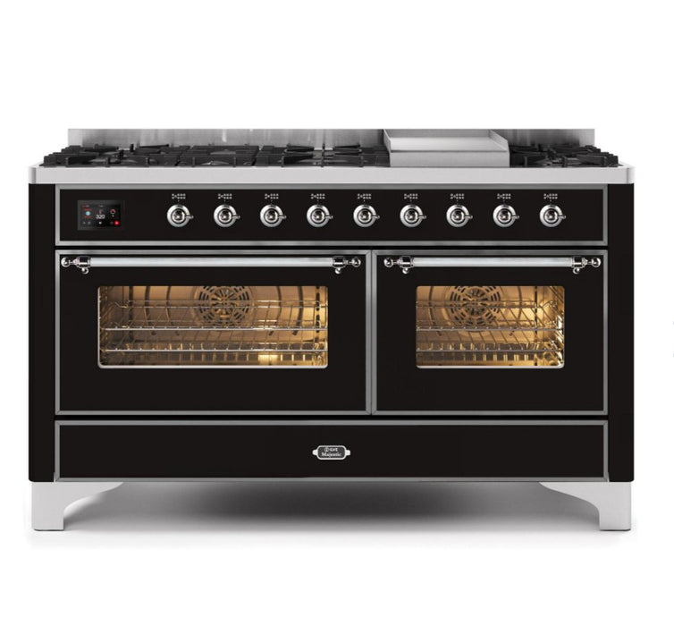 ILVE Majestic II 60" Dual Fuel Natural Gas Freestanding Range, Glossy Black, Chrome Trim UM15FDNS3BKC