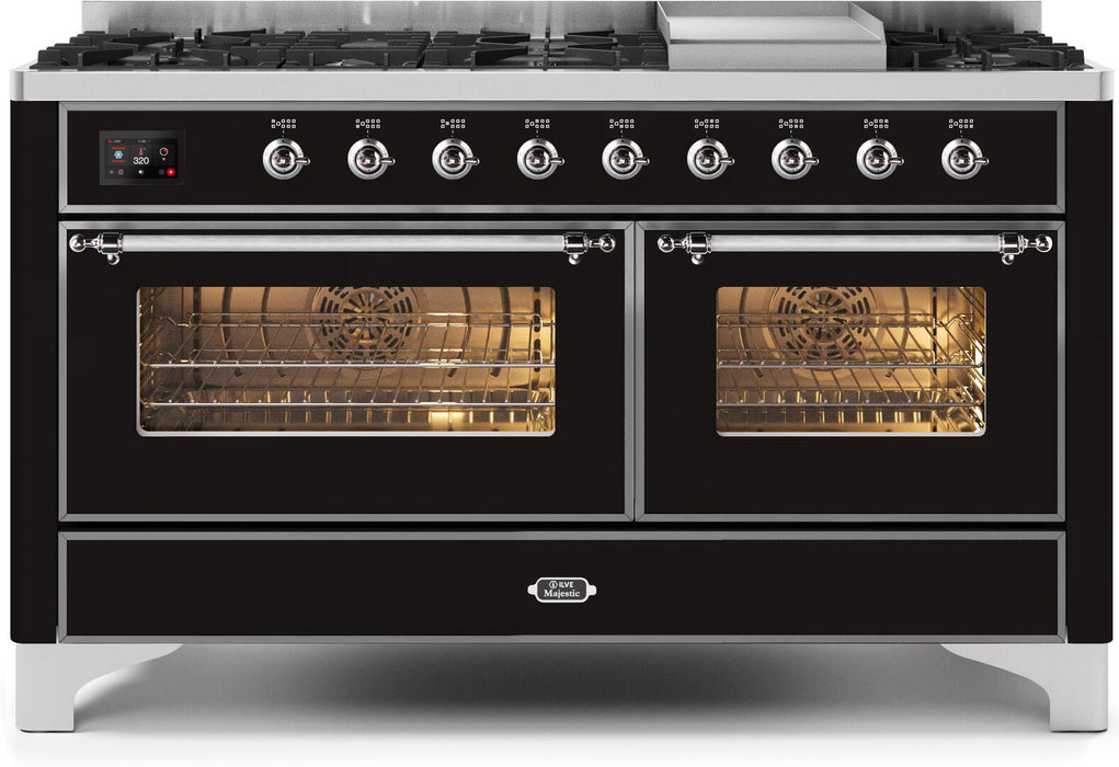 ILVE Majestic II 60" Dual Fuel Natural Gas Freestanding Range, Glossy Black, Chrome Trim UM15FDNS3BKC