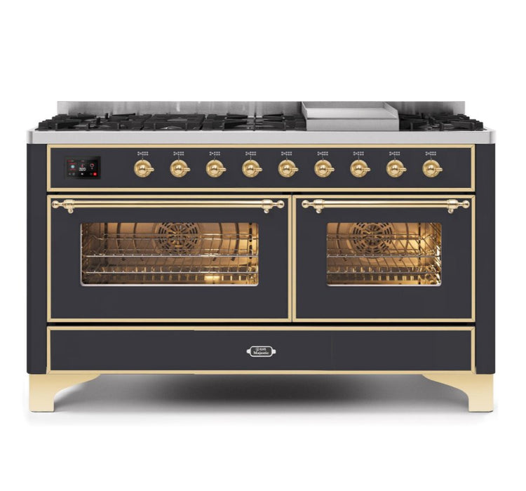 ILVE Majestic II 60" Dual Fuel Natural Gas Freestanding Range, Matte Graphite, Brass Trim UM15FDNS3MGG