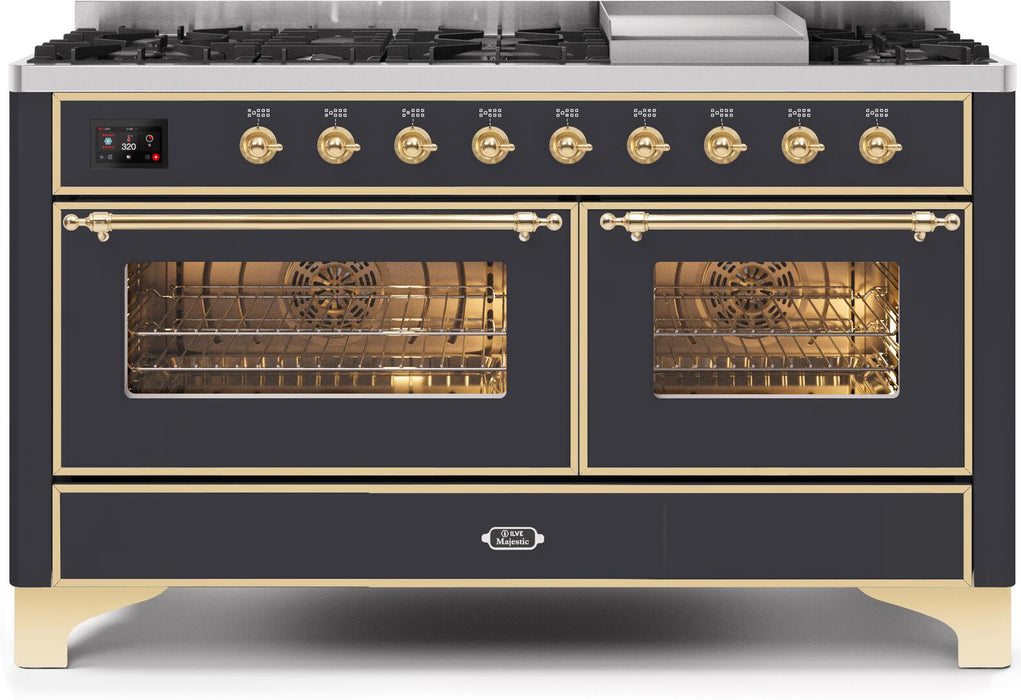 ILVE Majestic II 60" Dual Fuel Natural Gas Freestanding Range, Matte Graphite, Brass Trim UM15FDNS3MGG