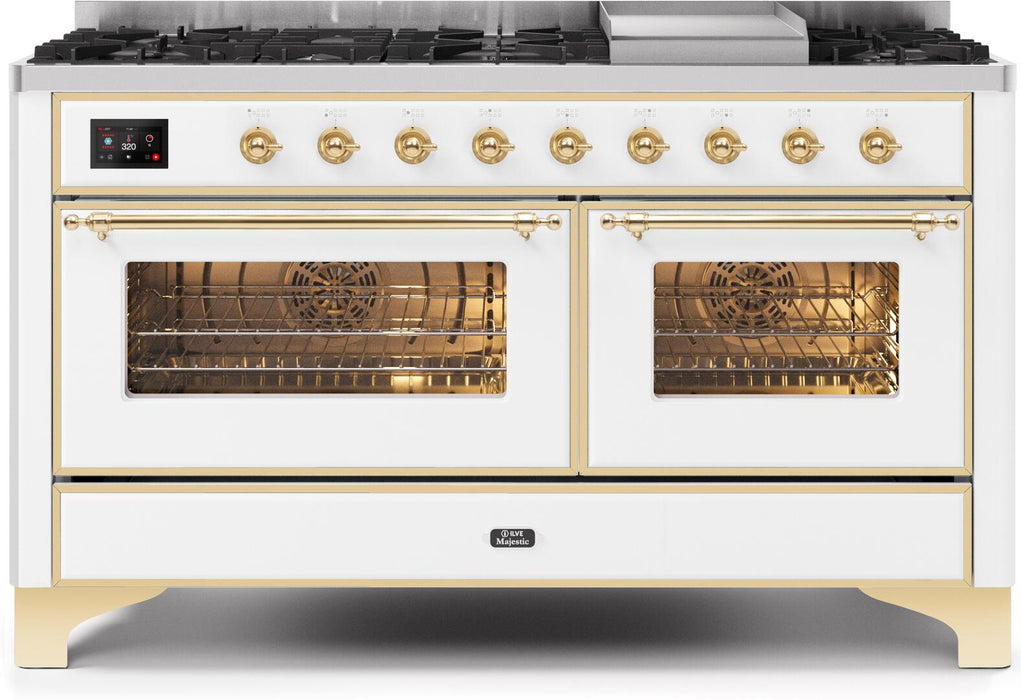 ILVE Majestic II 60" Dual Fuel Natural Gas Freestanding Range, White, Brass Trim UM15FDNS3WHG
