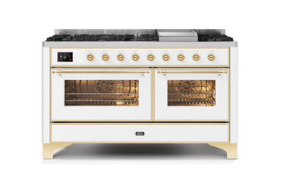 ILVE Majestic II 60" Dual Fuel Natural Gas Freestanding Range, White, Brass Trim UM15FDNS3WHG