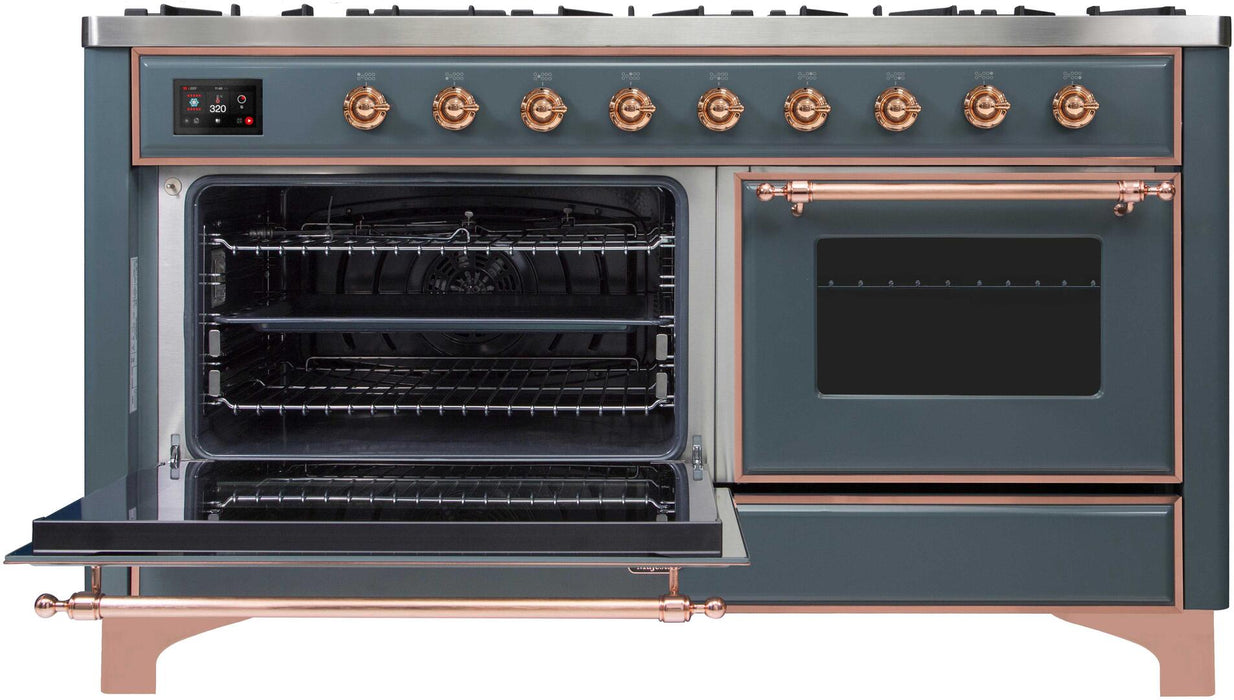 ILVE Majestic II 60 Inch Dual Fuel Natural Gas Freestanding Range, Blue Grey, Copper Trim, UM15FDNS3BGP
